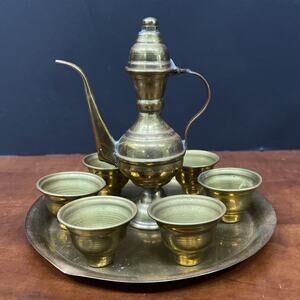 Vtg mini Brass Cup And Teapot Set with Tray and 6 Cups
